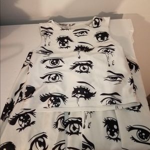Two Piece White Anime Eyes Crop Top and Skirt